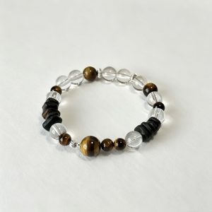 Natural Tiger‑Eye, Clear Quartz & Black Obsidian Beaded Bracelet
