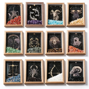 12 Zodiac Natural Crystal Chips Shadow Box Frame